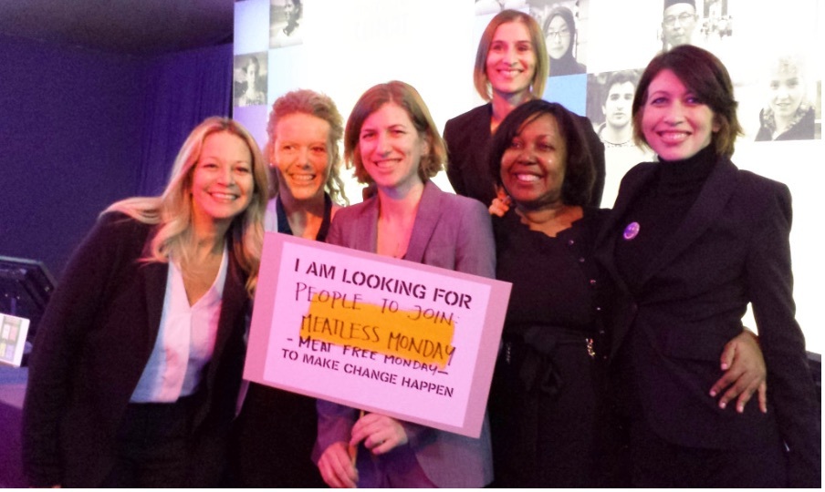 A group of women recruiting for Meatless Monday campaign at COP 21 conference in Paris.