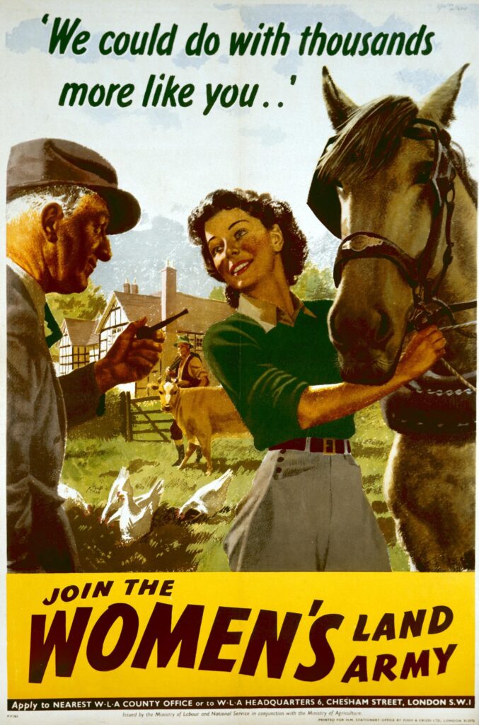 Poster advertising recruitment for The Women's Land Army, which performed critical farm (and other) duties during World War II labour shortages