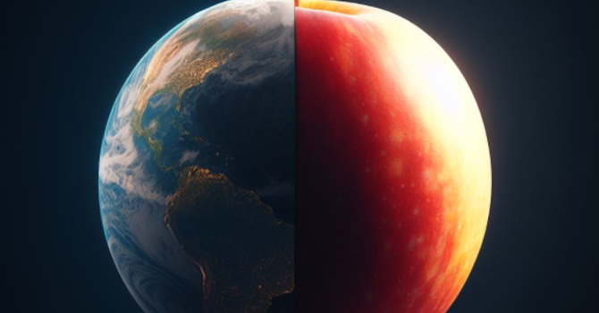 A juxtaposition of planet earth and a red apple.