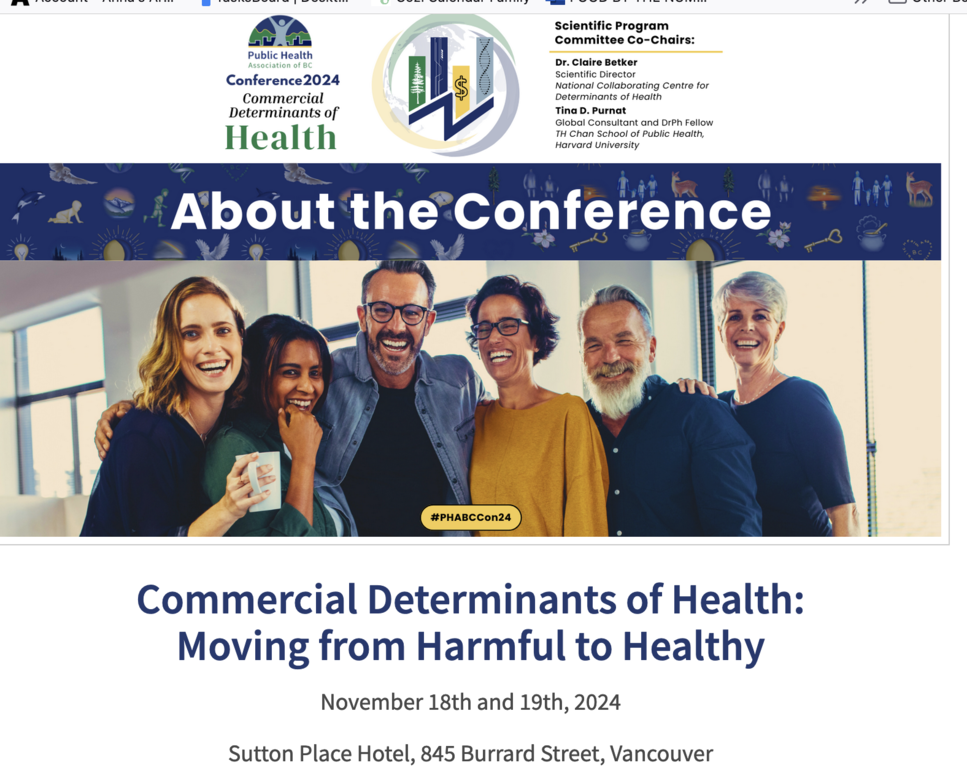 A screenshot of the PHABC Conference on 'Commercial Determinants of Health'