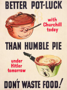 A British wartime poster advocating food thrift as a means of combatting Nazi enemies