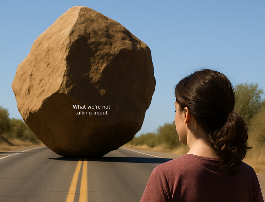 Woman facing a massive boulder obstructing the roadway