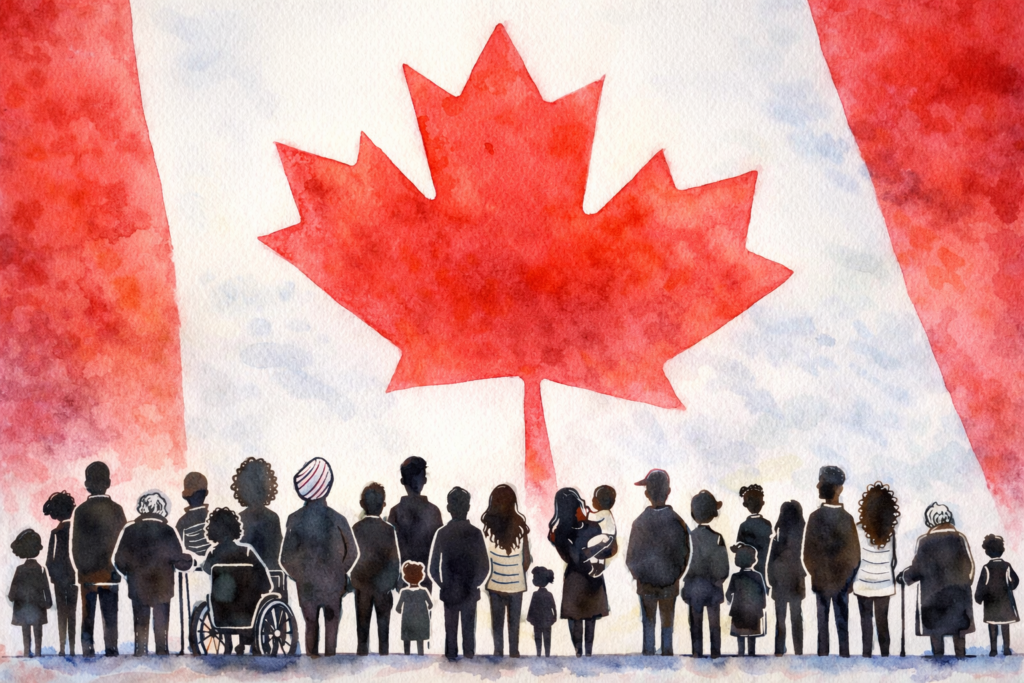 A crowd of diverse Canadians standing in front of a Canadian flag